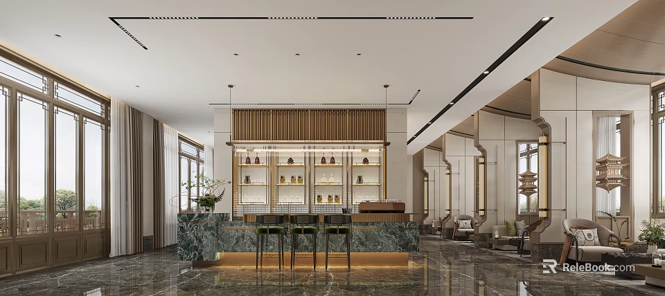 Elegant Luxury Sales Office Lobby With Marble Bar And High End Interior Design 3d model 