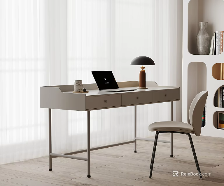 Modern Home Office Workstation With Laptop Table Lamp Chair And Bookshelf 3d model 