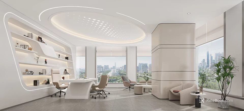 Modern Office Interior Design With Circular Ceiling Large Windows City View White Desk And Sofa 3d model 