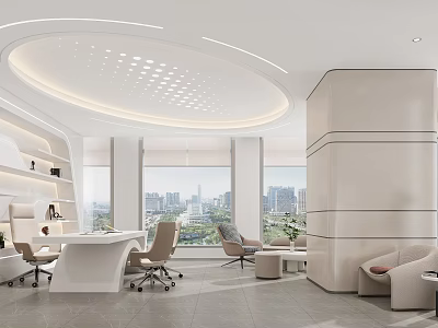 Modern Office Interior Design With Circular Ceiling Large Windows City View White Desk And Sofa 3d model