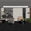 Modern Office Interior Design Featuring Large Windows Desk Computer Bookshelf Green Sofa And Chairs 3d model