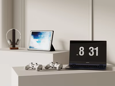 Modern Computer Setup With Laptop Tablet Game Controllers And Headphones On White Shelf 3d model