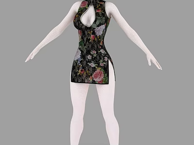 A Woman Wearing Stylish Black Floral Qipao With Side Slit Against Gray Background 3d model