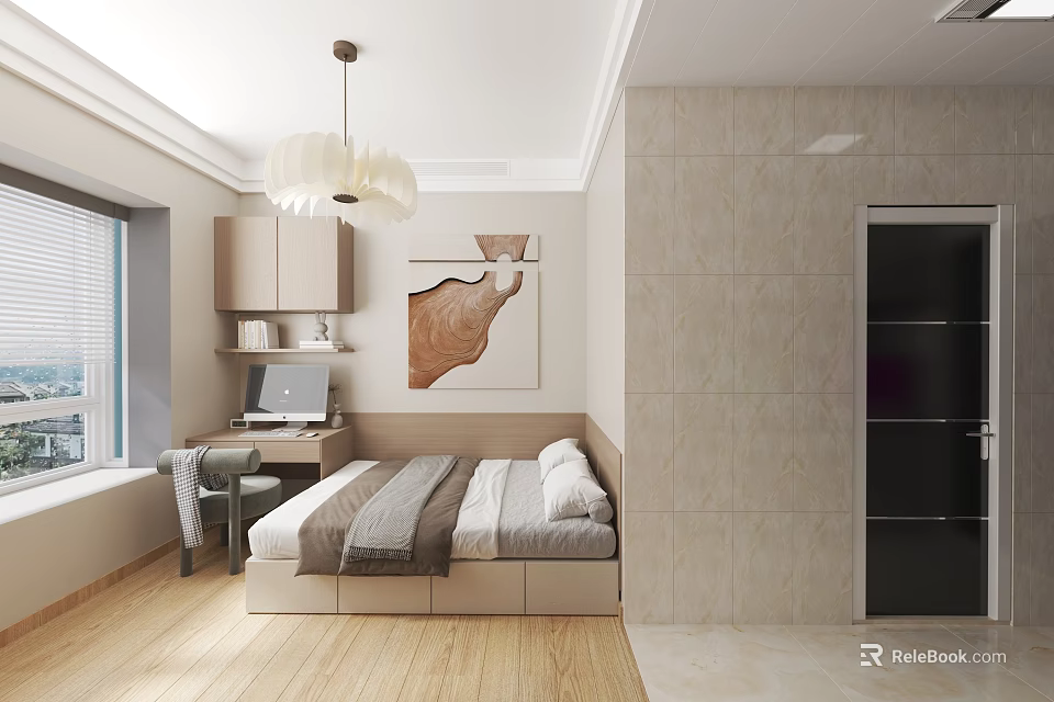 Modern Tatami Bedroom Interior With Bed Desk Chair Window Wooden Floor And Storage Cabinet 3d model 