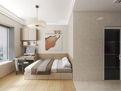 Modern Tatami Bedroom Interior With Bed Desk Chair Window Wooden Floor And Storage Cabinet 3d model