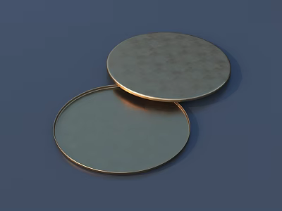 Two Shiny Gold Colored Round Metal Plates Stacked On Blue Background 3d model