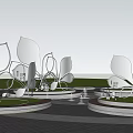 Large White Butterfly Landscape Sculptures on Green Lawn With Blue Sky and Biker