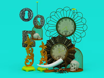 Decorative Ornament Set With Vintage Clocks Metal Flower Frames Skull Decor Ivory Tusk Spider Decoration And Turquoise Background 3d model