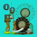 Decorative Ornament Set With Vintage Clocks Metal Flower Frames Skull Decor Ivory Tusk Spider Decoration And Turquoise Background