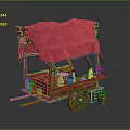 Traditional Wooden Street Cart Featuring Red Canopy And Assorted Bottles Baskets