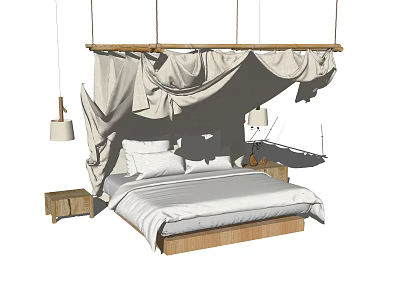 Natural Style Double Bed With Fabric Canopy Wooden Poles And White Bedding 3d model