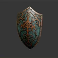 Ornate Copper Decorative Shield With Teal Surface And Intricate Patterns