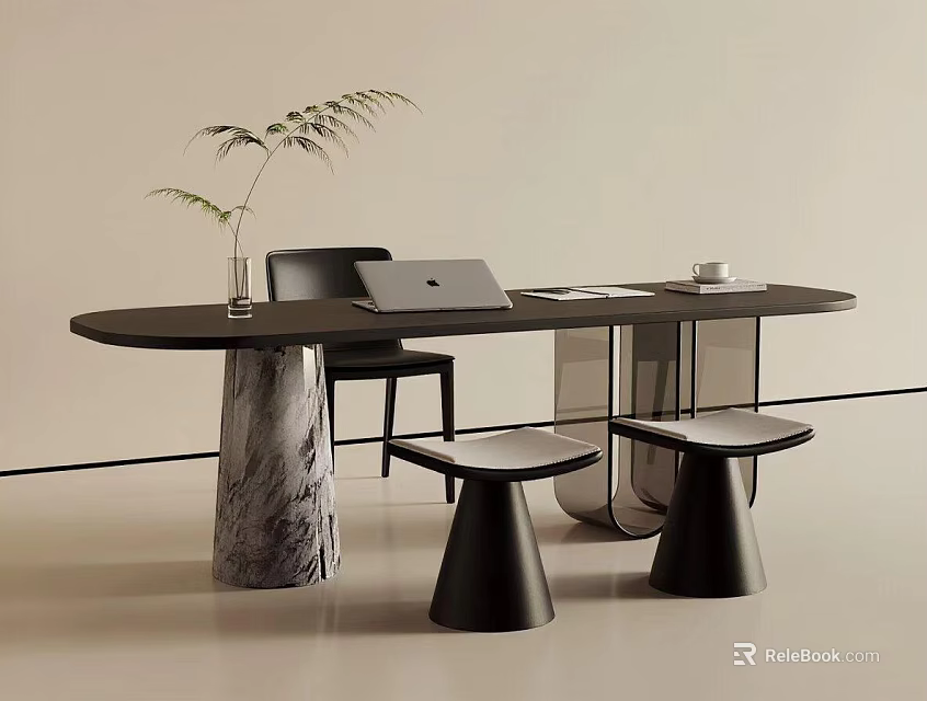 Modern Black Table And Chair Set With Marble Legs Laptop Cup And Plant 3d model 