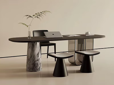 Modern Black Table And Chair Set With Marble Legs Laptop Cup And Plant 3d model