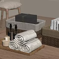 Stylish Bathroom Accessories With Rolled Towels Candle Soap Dispensers And Storage Baskets