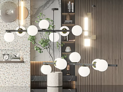 Modern Chandelier With White Globe Lights And Black Metal Frame In Contemporary Living Room Interior 3d model