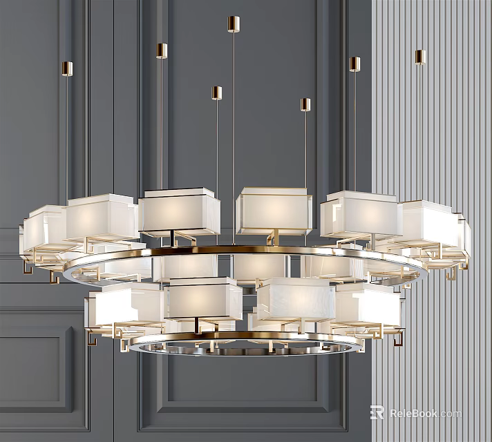 Elegant Modern Chandelier Featuring Multiple White Lampshades And Double Layer Metal Frame Design 3d model 