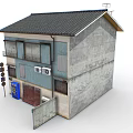 Cartoon Style Japanese Two Story Building With Blue Beige Walls Roller Shutter Door And Signboards