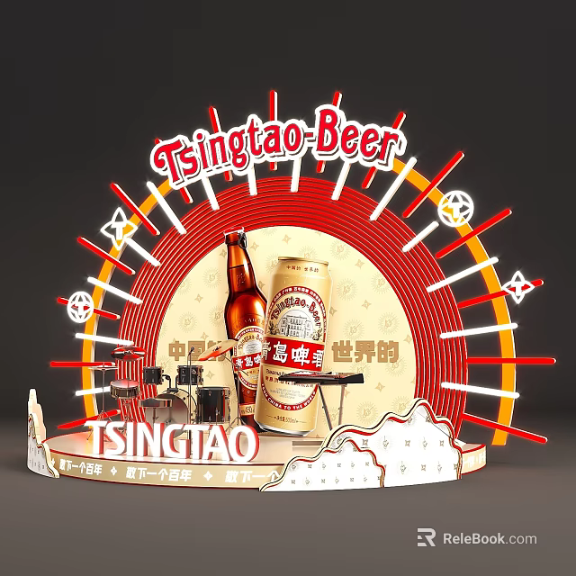 Tsingtao Beer Themed Stage With Neon Sign Bottles Cans And Colorful Decorations 3d model 