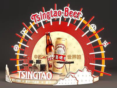 Tsingtao Beer Themed Stage With Neon Sign Bottles Cans And Colorful Decorations 3d model