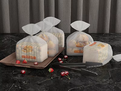 Fresh Bread in Transparent Bags on Black Marble Countertop with Strawberries and Tongs 3d model