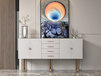 Elegant Modern Entryway Console Cabinet With White Body Golden Legs Decorative Painting And Ornaments 3d model