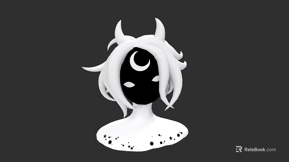 Enigmatic Game And Movie Character Featuring White Hair Horns Crescent Moon Face And Black Spots 3d model 