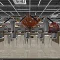 Modern Restaurant Interior Design With Chandelier Dining Tables And Decorative Tree 3d model