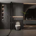 Modern Dark Bathroom Interior With Glass Shower Toilet Marble Vanity And Green Plant