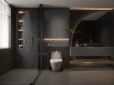 Modern Dark Bathroom Interior With Glass Shower Toilet Marble Vanity And Green Plant 3d model