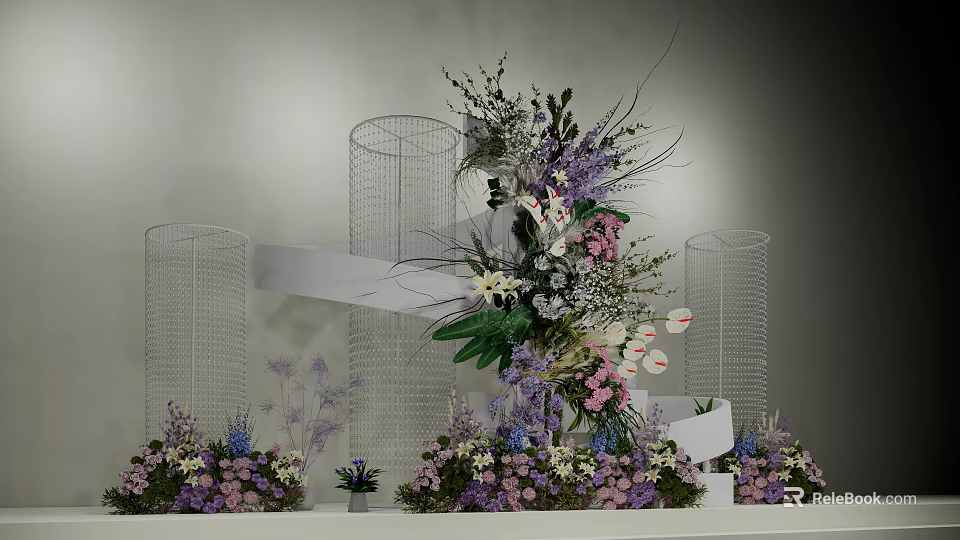 Decorative Floral Installation With Transparent Cylindrical Stands And Purple Pink White Flowers 3d model 