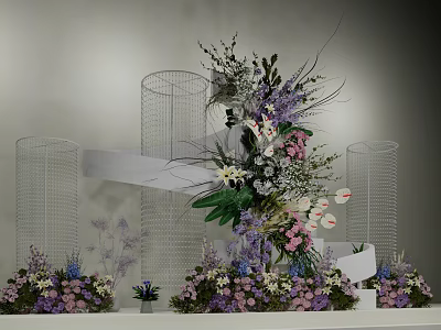 Decorative Floral Installation With Transparent Cylindrical Stands And Purple Pink White Flowers 3d model