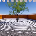 Stylish Courtyard Garden Design With Central Tree Fingerprint Pattern Wooden Borders And Black Gravel Surface