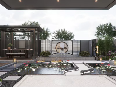 Traditional Courtyard Garden With Lotus Pond Stone Pathway And Decorative Screen 3d model