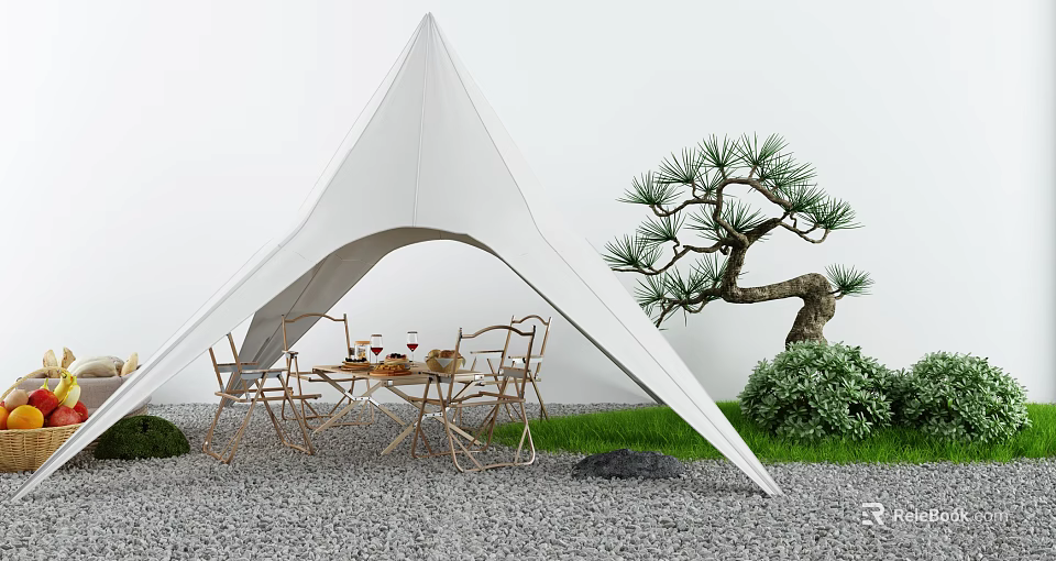 White Canvas Tent With Outdoor Dining Table And Chairs Near Pine Tree 3d model 