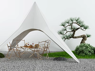 White Canvas Tent With Outdoor Dining Table And Chairs Near Pine Tree 3d model