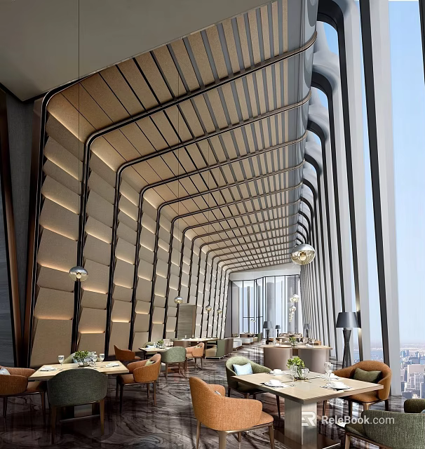 Elegant Modern Restaurant Interior With High Ceiling Large Windows And Dining Tables Chairs 3d model 
