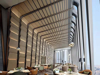 Elegant Modern Restaurant Interior With High Ceiling Large Windows And Dining Tables Chairs 3d model