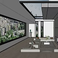 Modern Living Room Interior With Skylight Large City Mural Wooden Flooring And Sofa