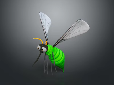 Cartoon Insect Character With Green Body Transparent Wings And Yellow Antennae 3d model