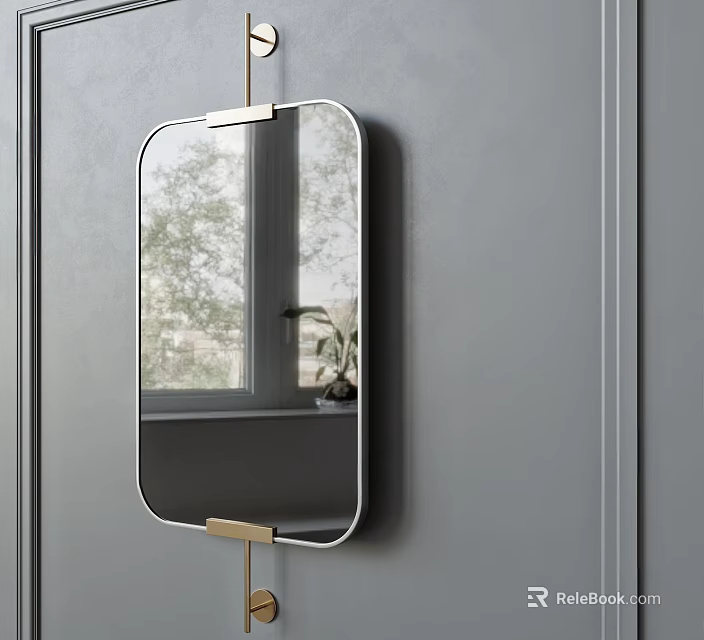 Oval Mirror with Gold Hooks Mounted on Gray Wall Reflecting Outdoor Trees and Potted Plant 3d model 