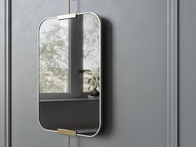 Oval Mirror with Gold Hooks Mounted on Gray Wall Reflecting Outdoor Trees and Potted Plant 3d model