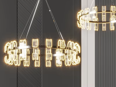 Modern Interior With Illuminated Circular Chandelier And Geometric Metal Frame 3d model