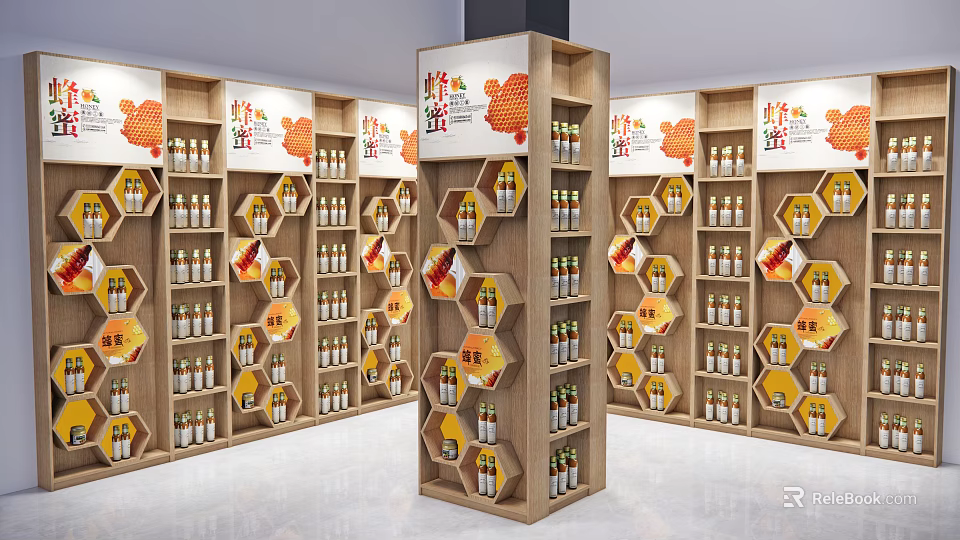 Wooden Display Shelves with Hexagonal Design for Honey Bottles and Price Tags in Retail Store 3d model 