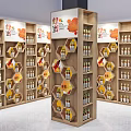 Wooden Display Shelves with Hexagonal Design for Honey Bottles and Price Tags in Retail Store