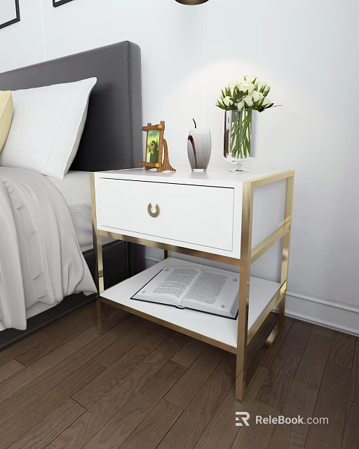 Modern White Bedside Table With Gold Frame One Drawer And Open Book On Lower Shelf 3d model 