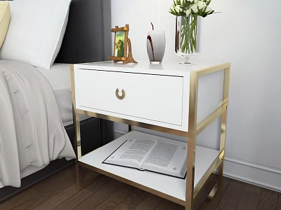 Modern White Bedside Table With Gold Frame One Drawer And Open Book On Lower Shelf 3d model