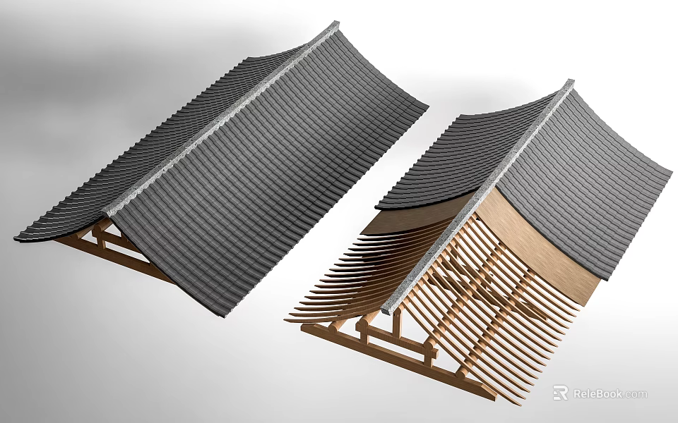 Traditional Sloped Roof Structure With Gray Tiles And Wooden Support Frame 3d model 