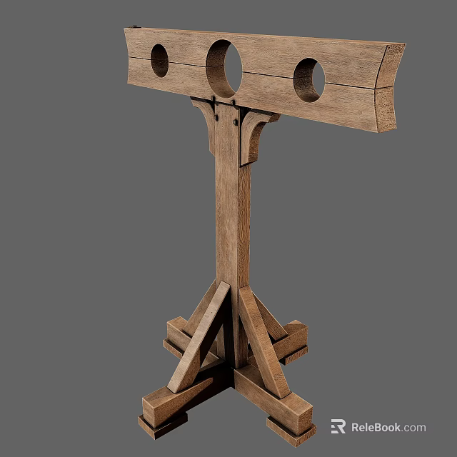 Rustic Wooden Stand Featuring Three Circular Holes And Cross Base Design 3d model 