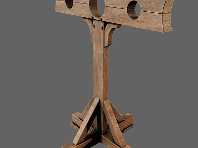 Rustic Wooden Stand Featuring Three Circular Holes And Cross Base Design 3d model